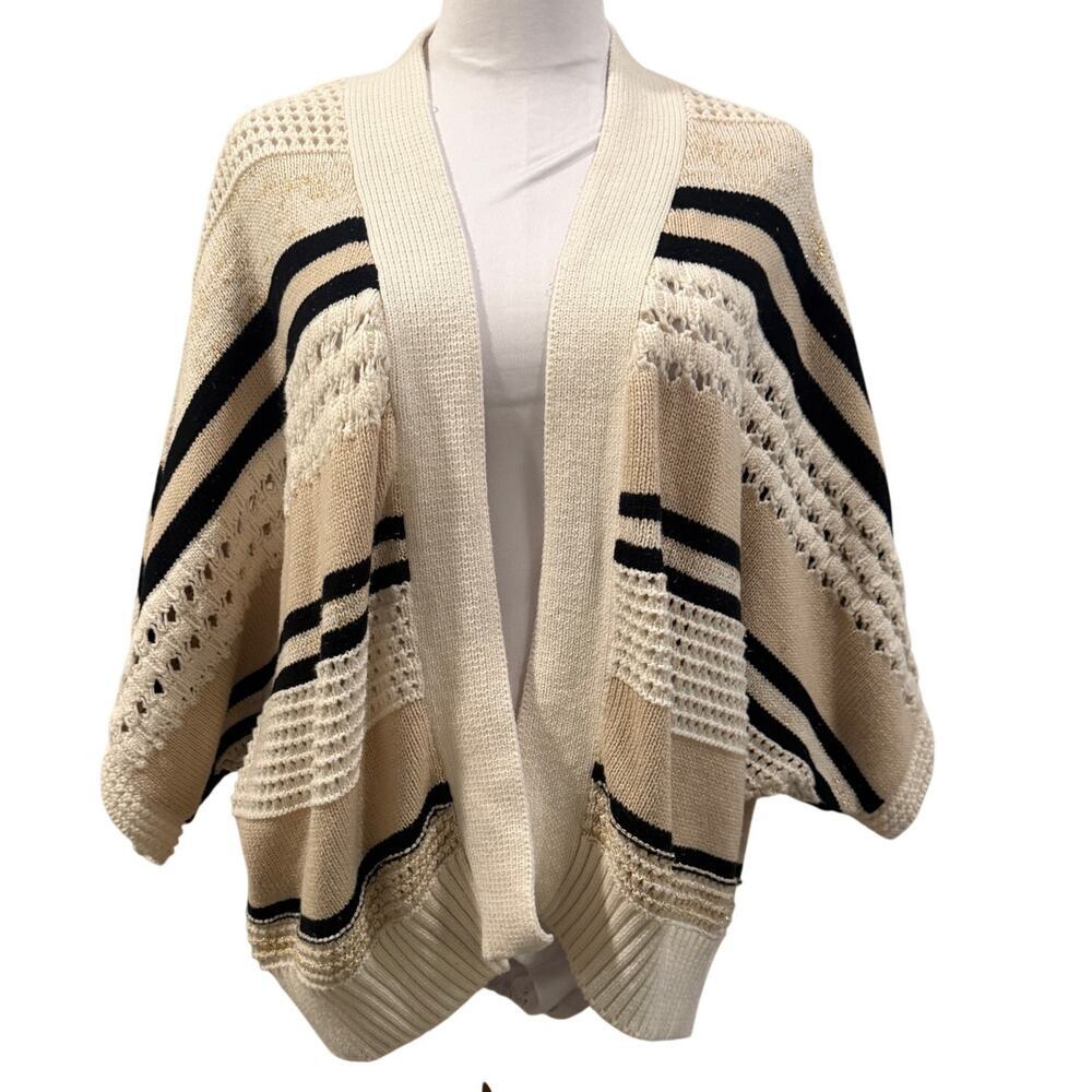 Tahari Boho Knit Cardigan 2X Striped Open Front Cream Black Boho Drape Quiet Lux